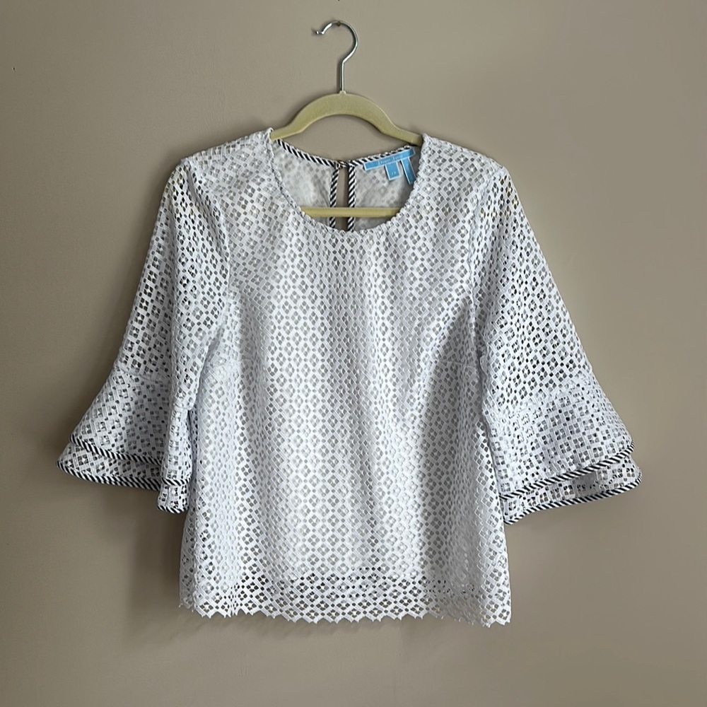 DRAPER JAMES 12 Lattice Double Bell Blouse Top in White w/ Blue Striped Piping